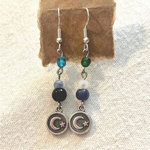 Silver Crescent & Star Dangle Earrings with Blue and Green Beads